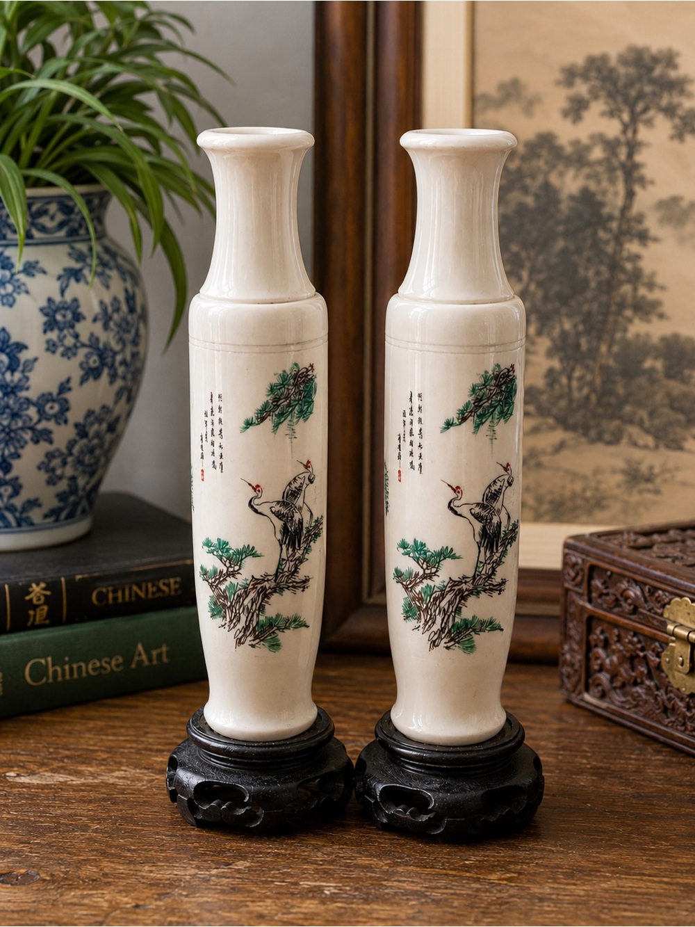 Vintage Chinese Porcelain Crane Pine Calligraphy Bud Vases Pair Wood Stands‎